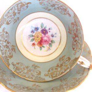 Paragon Tea Cup and Saucer, Hand Painted Summer Floral, Soft Sage Green,   I250